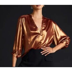By Anthropologie Metallic Foil Blouse Bronze 3/4 Sleeve Medium $98